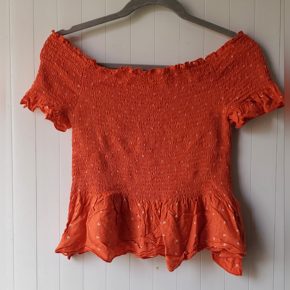 Japna Off-Shoulder Smocked Peplum Top, Size L - Red with White Embroidery